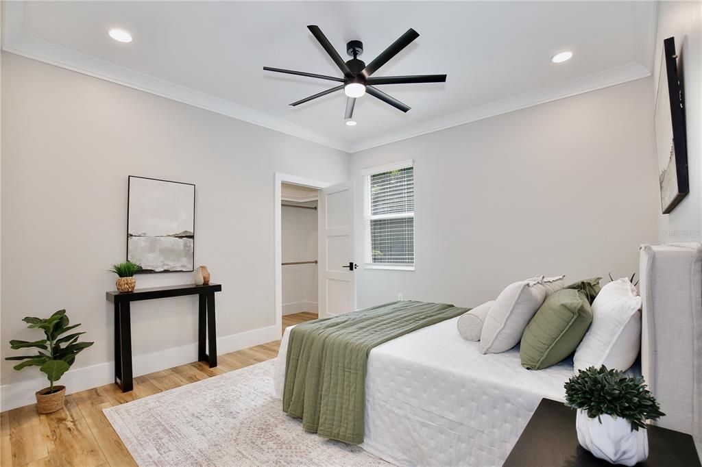 Bedroom, Interior, Recessed Lighting, Wood Texture Flooring