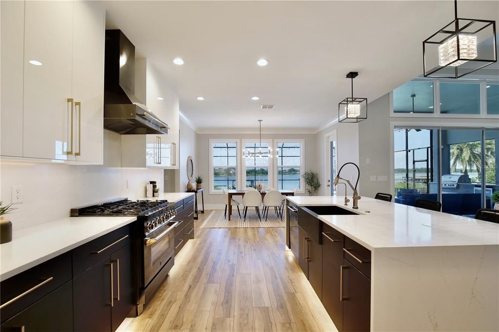 Dining room, Interior, Kitchen, Pendant Lights, Recessed Lighting, Water, Wood Texture Flooring
