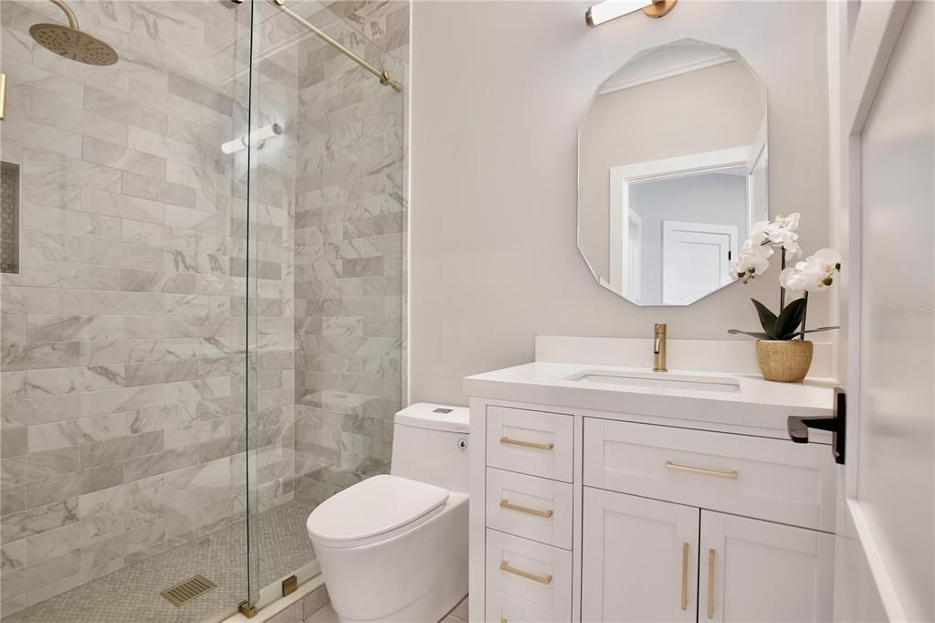Bathroom, Glass Shower, Interior, Marble Walls