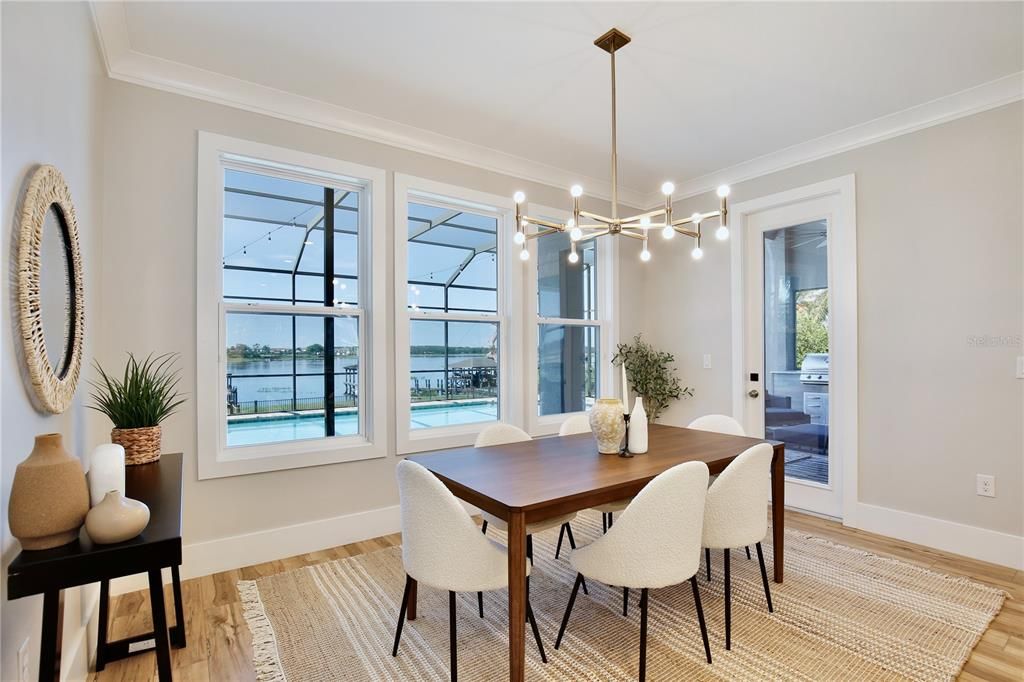 Dining room, Interior, Pendant Lights, Water, Wood Texture Flooring
