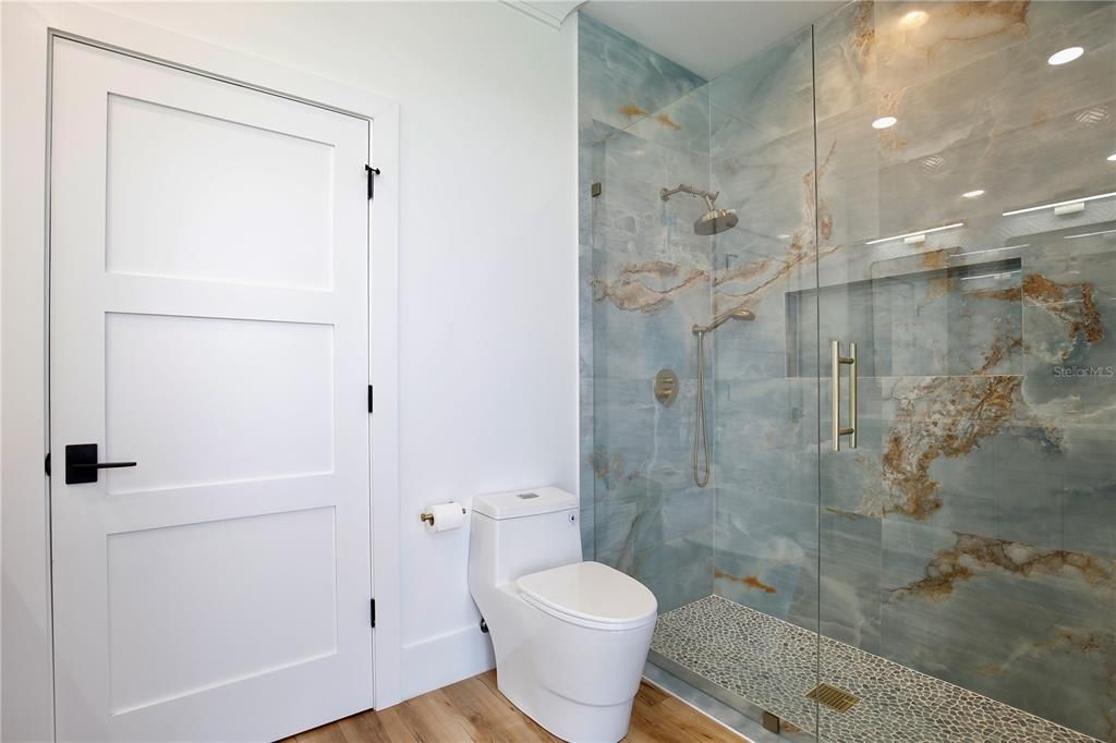 Bathroom, Glass Shower, Interior, Wood Texture Flooring