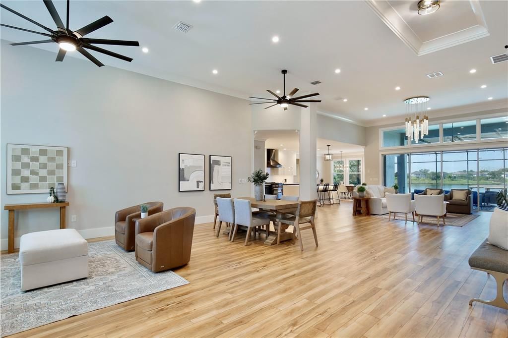 Chandelier, Dining room, Interior, Living room, Pendant Lights, Recessed Lighting, Wood Texture Flooring