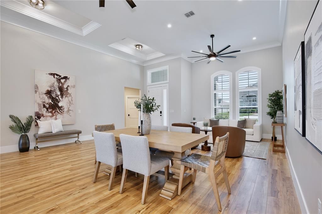 Dining room, Interior, Living room, Recessed Lighting, Wood Texture Flooring