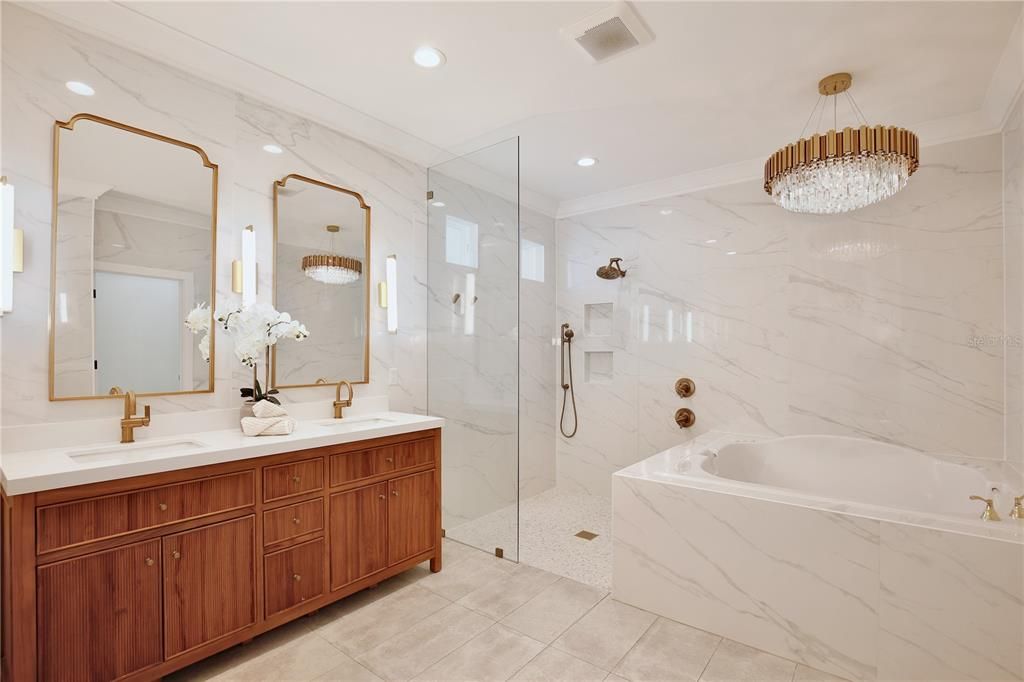 Bathroom, Chandelier, Dual Sink Vanities, Glass Shower, Interior, Marble Walls, Recessed Lighting