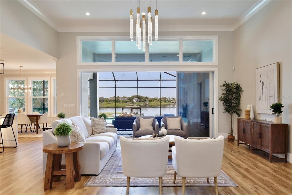 Dining room, Interior, Living room, Pendant Lights, Recessed Lighting, Water, Wood Texture Flooring