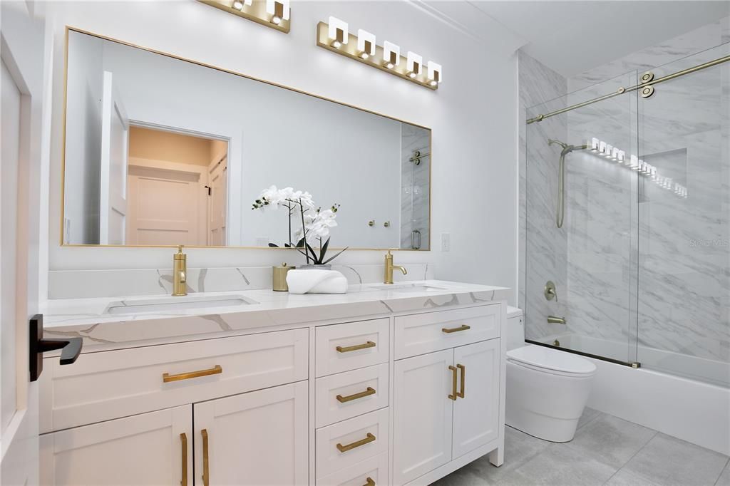 Bathroom, Dual Sink Vanities, Glass Shower, Interior, Marble Walls