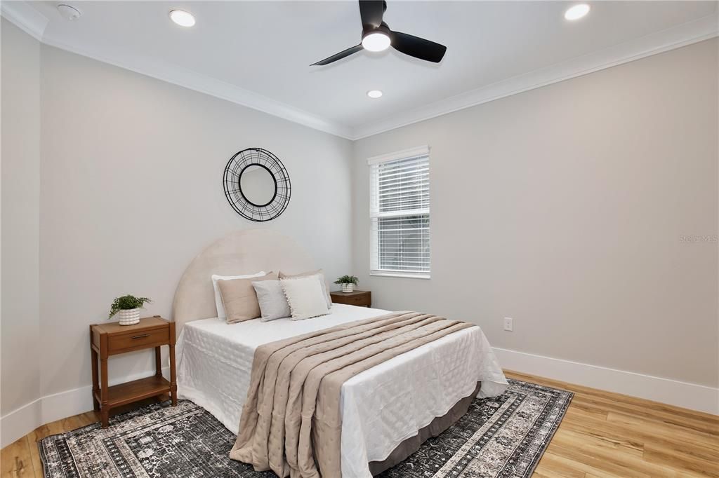 Bedroom, Interior, Recessed Lighting, Wood Texture Flooring