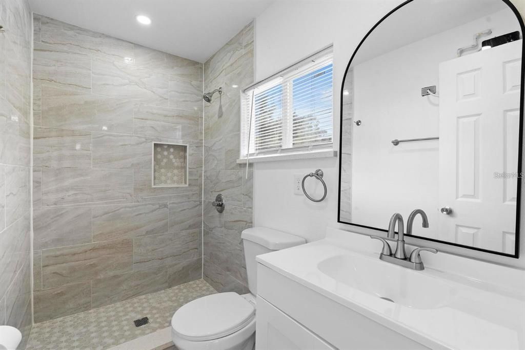 Bathroom, Glass Shower, Interior, Marble Walls, Recessed Lighting