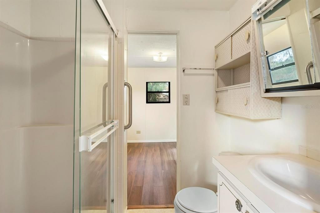 Bathroom, Glass Shower, Interior, Wood Texture Flooring