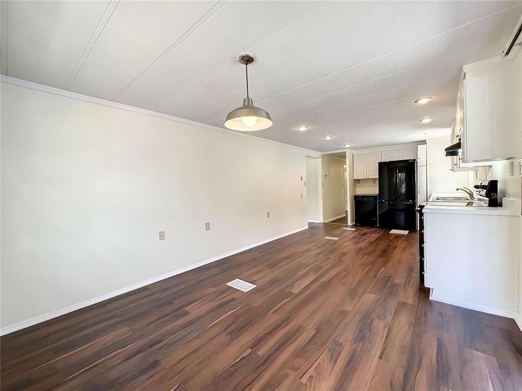 Empty room, Interior, Kitchen, Pendant Lights, Recessed Lighting, Wood Texture Flooring