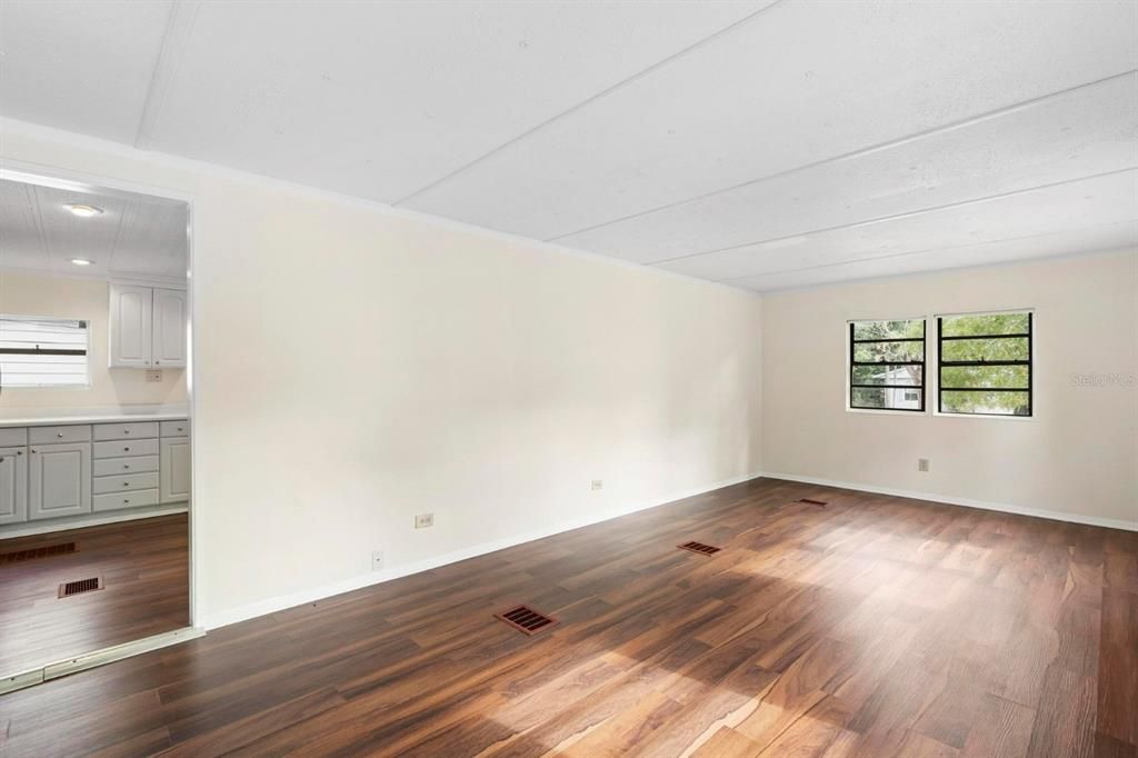 Empty room, Interior, Kitchen, Recessed Lighting, Wood Texture Flooring