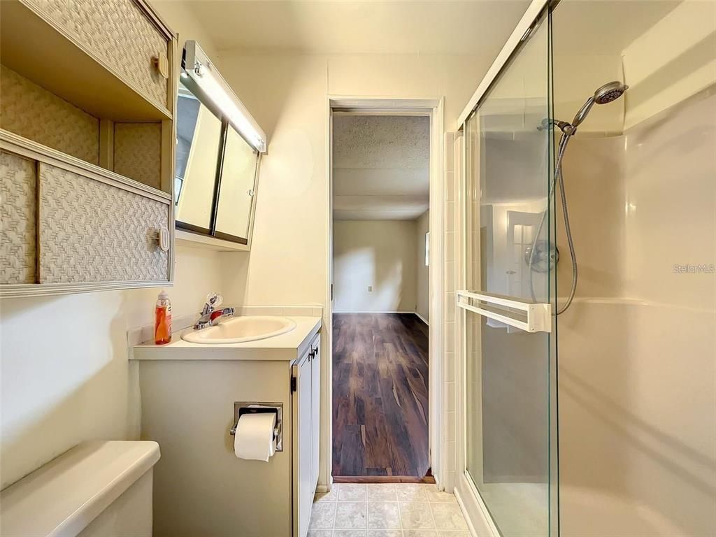 Bathroom, Glass Shower, Interior, Wood Texture Flooring