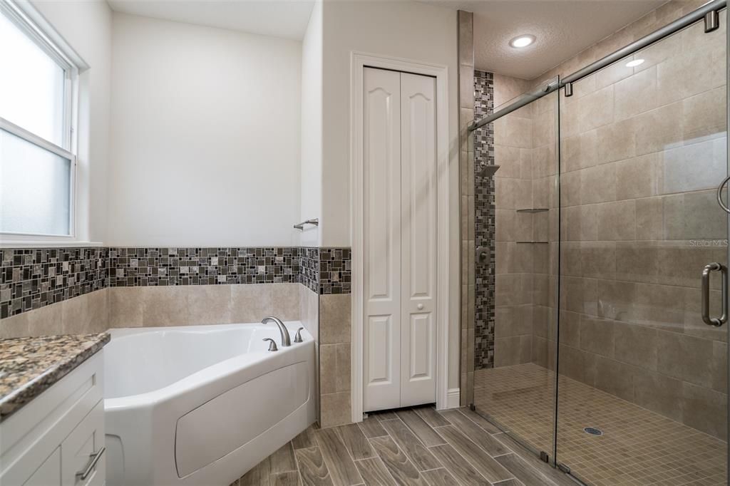 Bathroom, Glass Shower, Interior, Recessed Lighting, Wood Texture Flooring