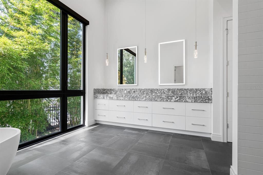 Bathroom, Dual Sink Vanities, Free Standing Baths, Interior, Pendant Lights