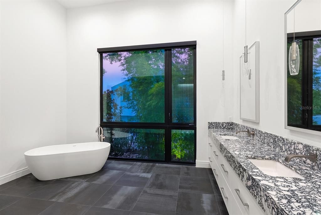 Bathroom, Dual Sink Vanities, Free Standing Baths, Interior, Pendant Lights