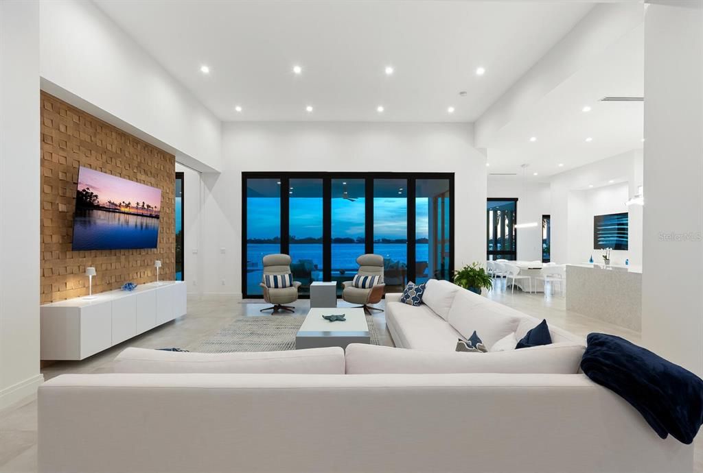 Dining room, Interior, Living room, Recessed Lighting, Water, Wooden Walls