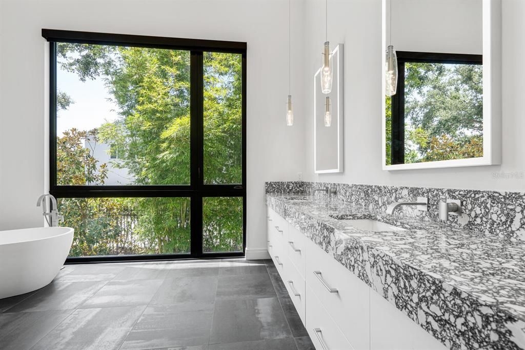 Bathroom, Dual Sink Vanities, Free Standing Baths, Interior, Pendant Lights