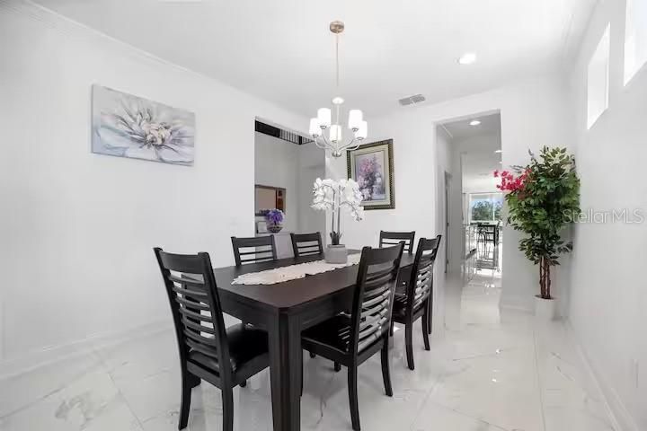 Chandelier, Dining room, Interior, Marble, Pendant Lights, Recessed Lighting