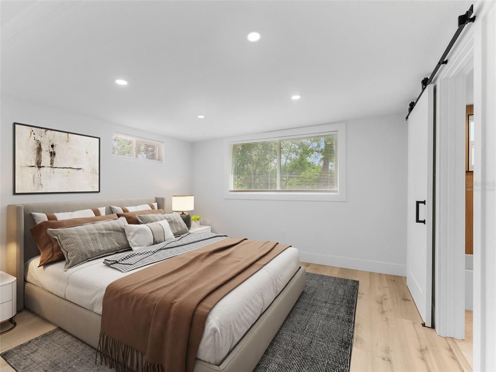 Bedroom, Interior, Recessed Lighting, Wood Texture Flooring