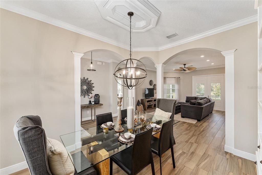 Chandelier, Dining room, Interior, Living room, Pendant Lights, Recessed Lighting, Wood Texture Flooring