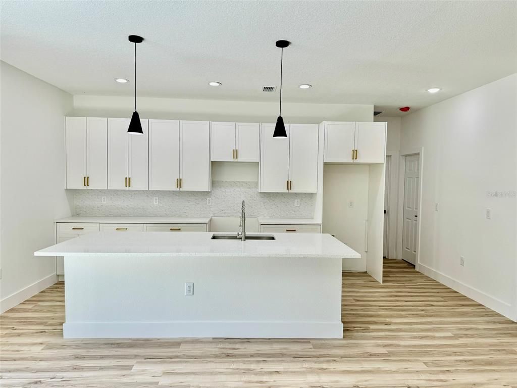 Interior, Kitchen, Pendant Lights, Recessed Lighting, Wood Texture Flooring