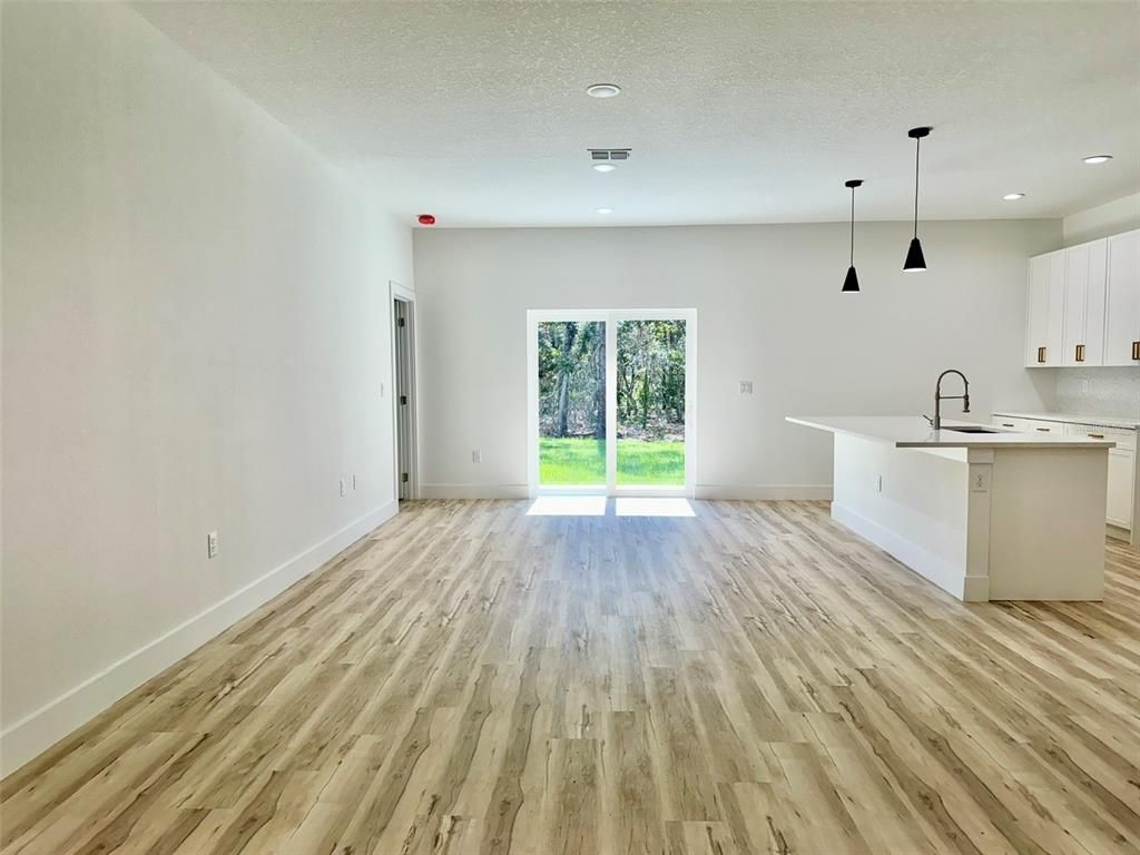 Empty room, Interior, Kitchen, Pendant Lights, Recessed Lighting, Wood Texture Flooring