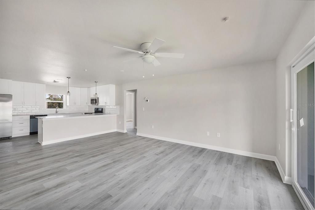 Empty room, Interior, Kitchen, Recessed Lighting, Wood Texture Flooring