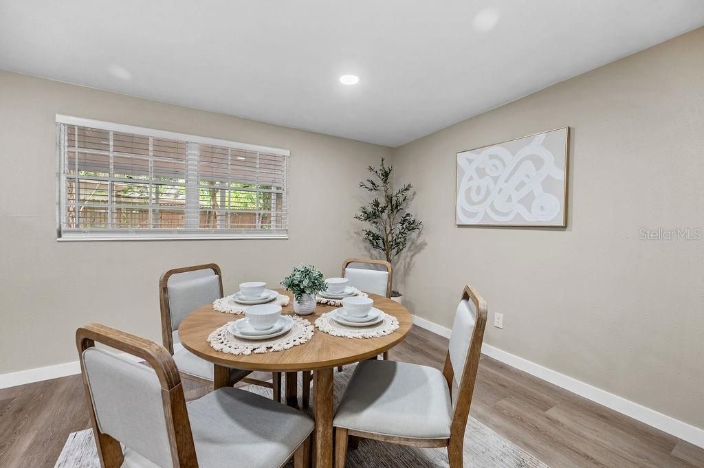 Dining room, Interior, Recessed Lighting, Wood Texture Flooring