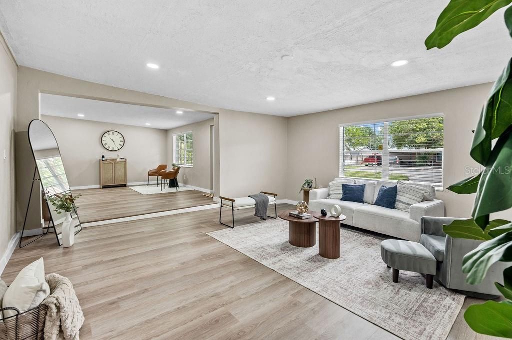 Interior, Living room, Recessed Lighting, Wood Texture Flooring