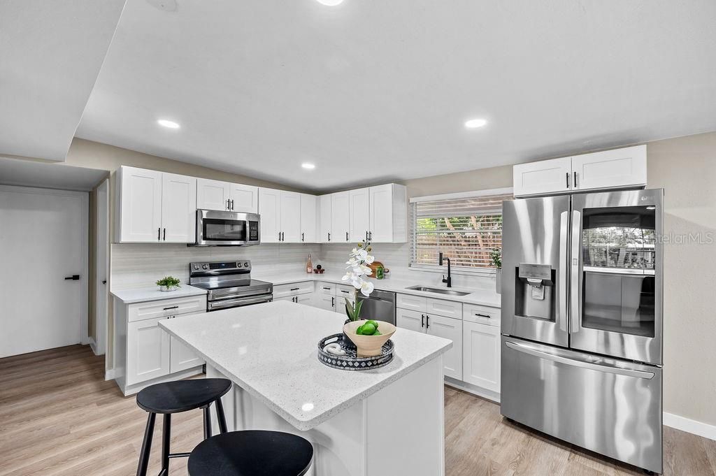 Interior, Kitchen, Recessed Lighting, Stainless Steel Appliances, Wood Texture Flooring