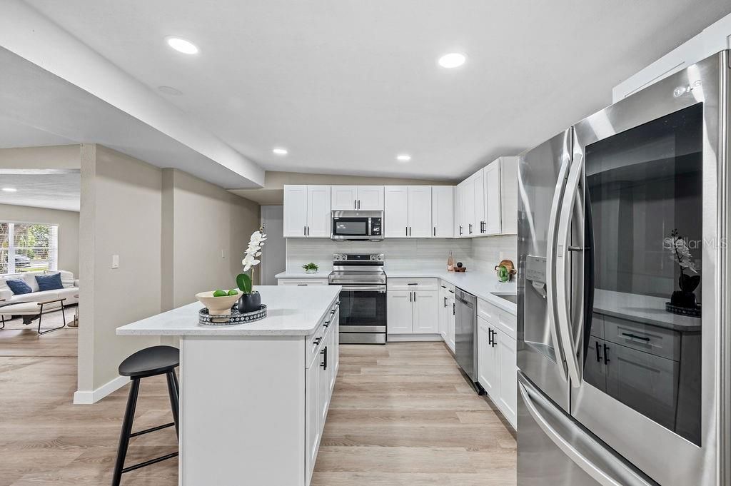 Interior, Kitchen, Recessed Lighting, Stainless Steel Appliances, Wood Texture Flooring