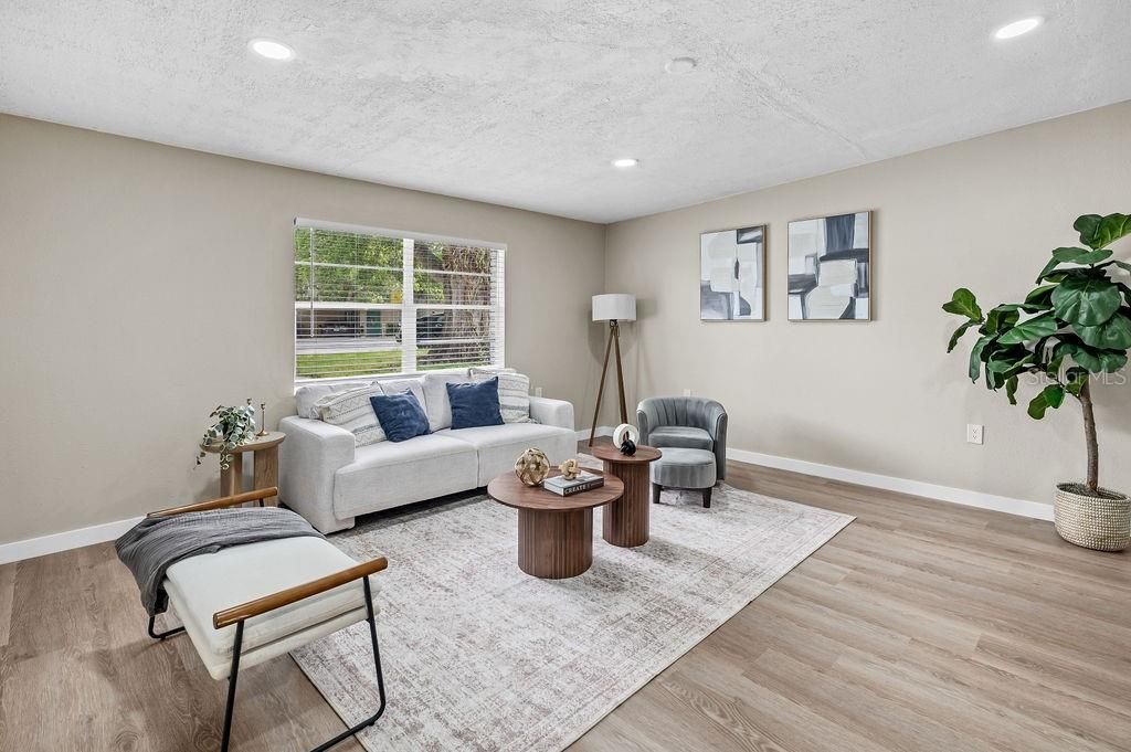 Interior, Living room, Recessed Lighting, Wood Texture Flooring