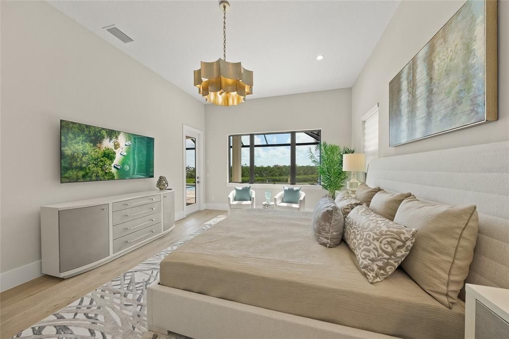 Bedroom, Chandelier, Interior, Pendant Lights, Recessed Lighting, Wood Texture Flooring