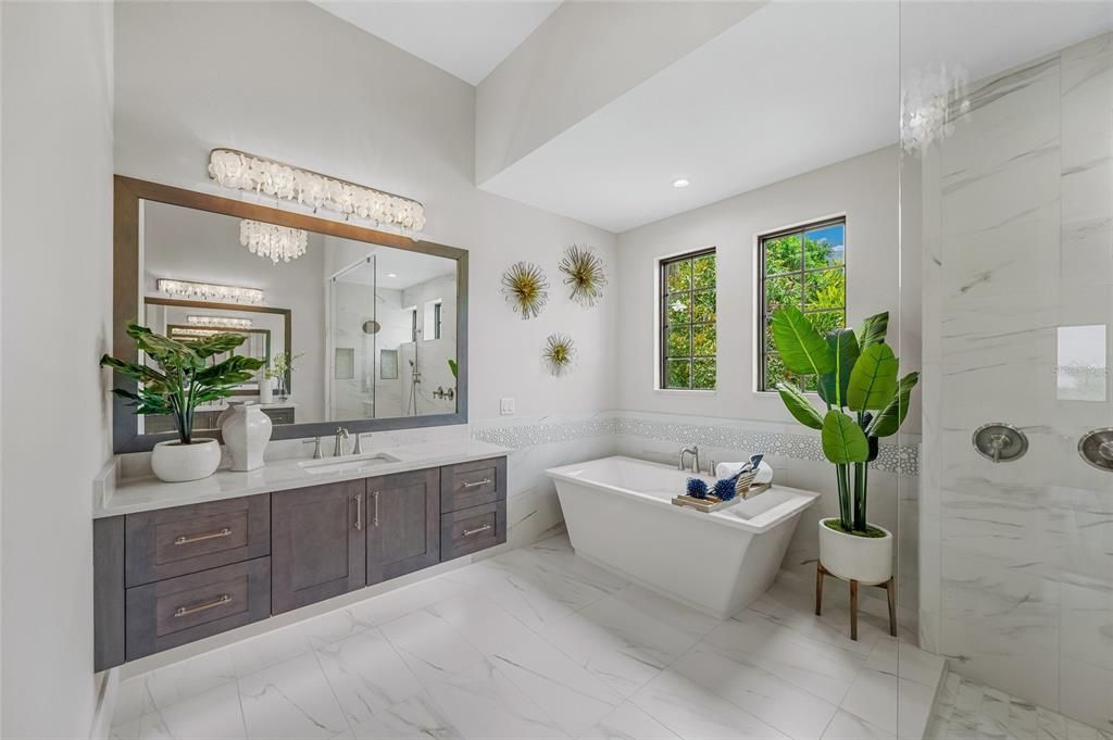 Bathroom, Dual Sink Vanities, Free Standing Baths, Interior, Marble, Marble Walls, Recessed Lighting