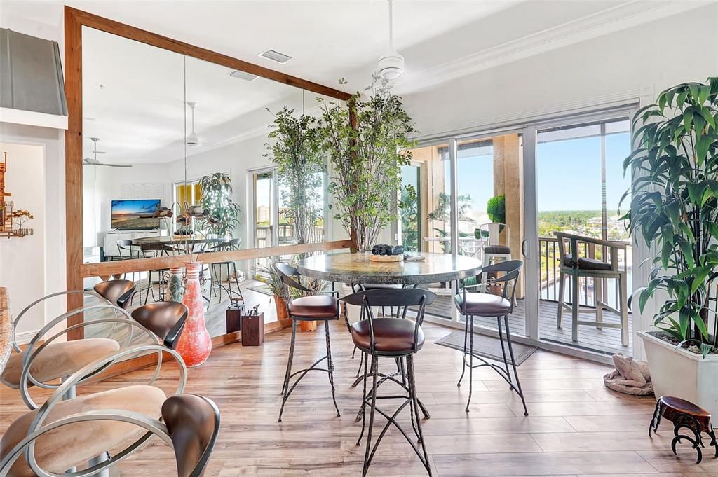 Dining room, Interior, Pendant Lights, Wooden Beams, Wood Texture Flooring