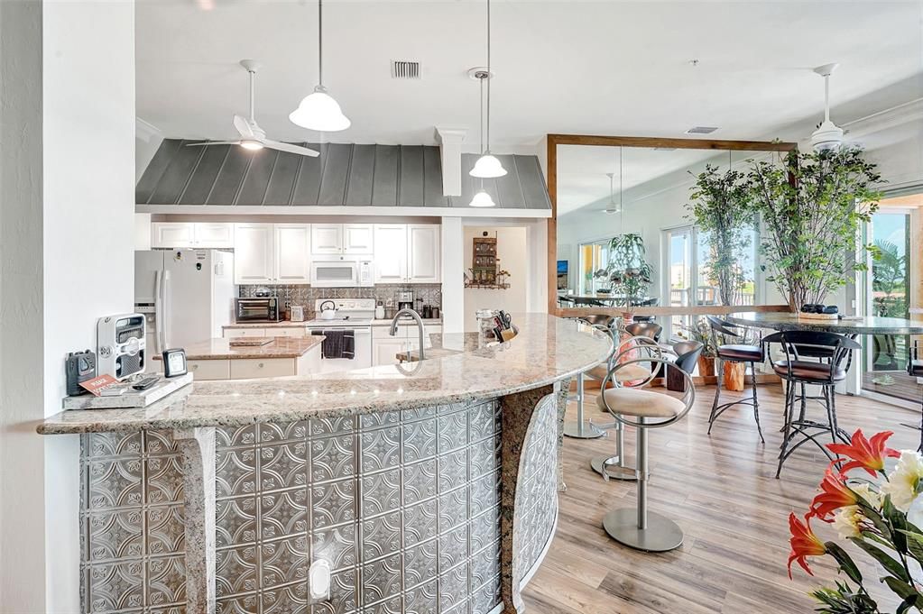 Dining room, Interior, Kitchen, Pendant Lights, Stainless Steel Appliances, Wood Texture Flooring