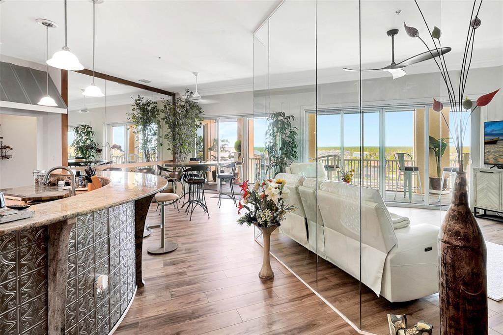 Dining room, Interior, Living room, Pendant Lights, Wood Texture Flooring