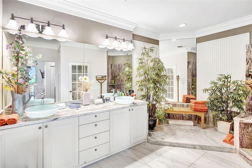 Bathroom, Dual Sink Vanities, Interior, Marble, Recessed Lighting