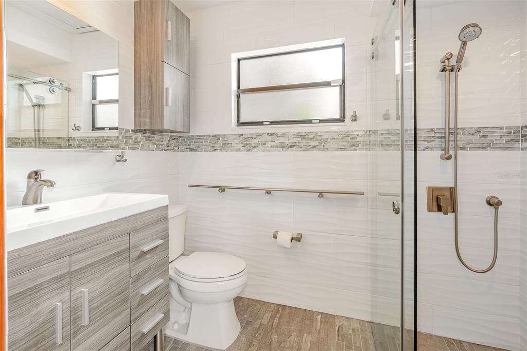 Bathroom, Glass Shower, Interior, Wood Texture Flooring