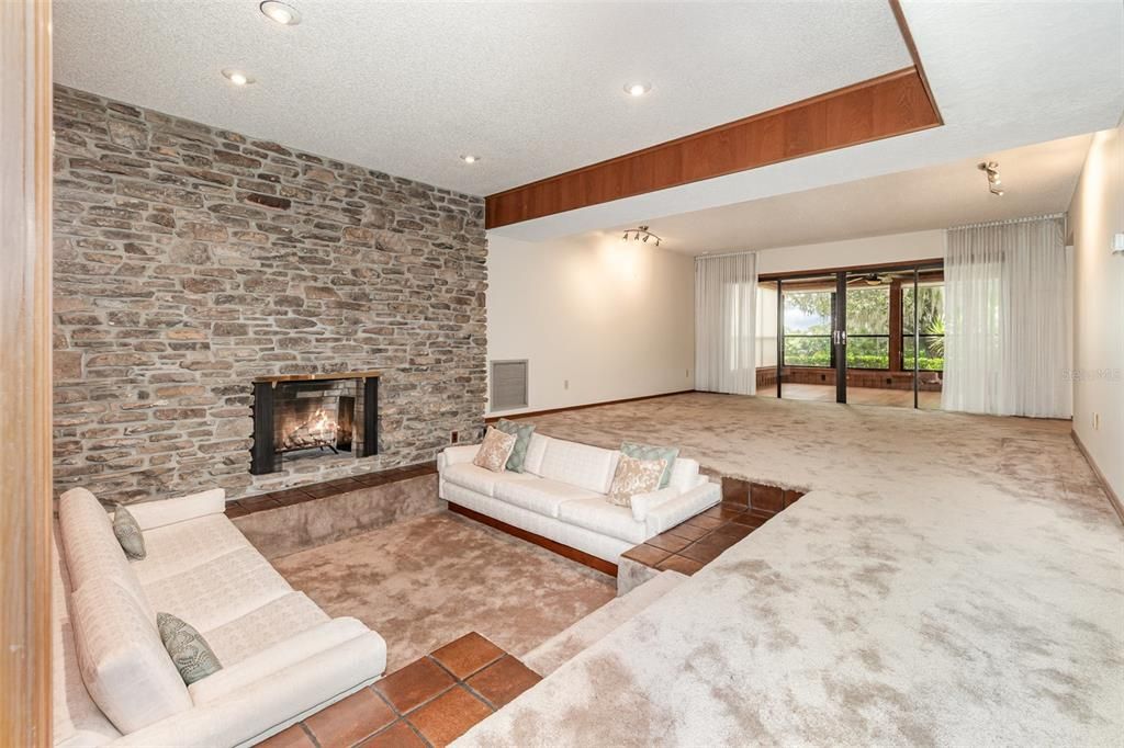 Fireplace, Interior, Living room, Recessed Lighting, Stone Walls