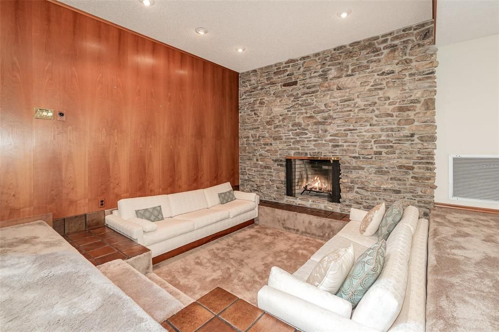 Fireplace, Interior, Living room, Recessed Lighting, Stone Walls, Wooden Walls