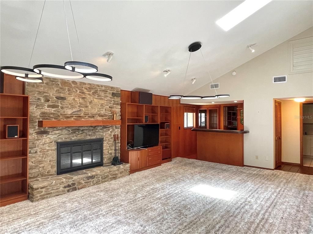 Fireplace, Interior, Pendant Lights, Recessed Lighting, Stone Walls