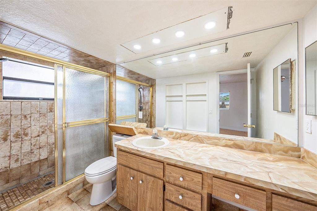 Bathroom, Glass Shower, Interior, Recessed Lighting, Tile Countertops