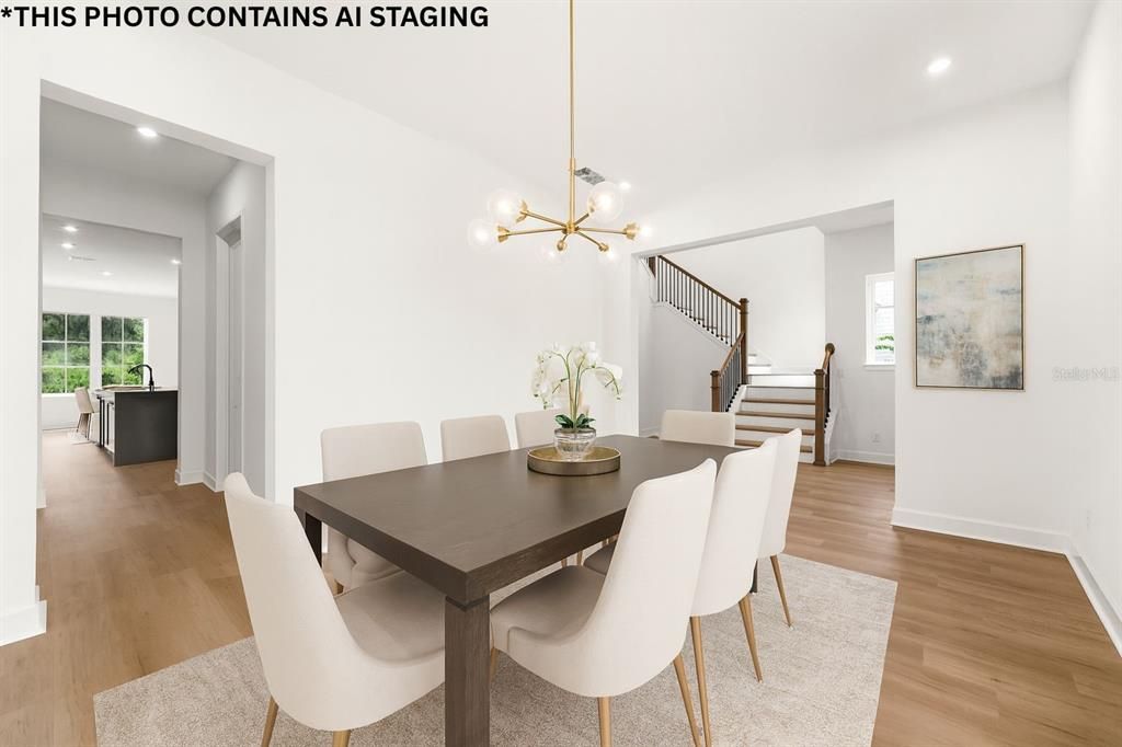 Dining room, Interior, Pendant Lights, Recessed Lighting, Wood Texture Flooring