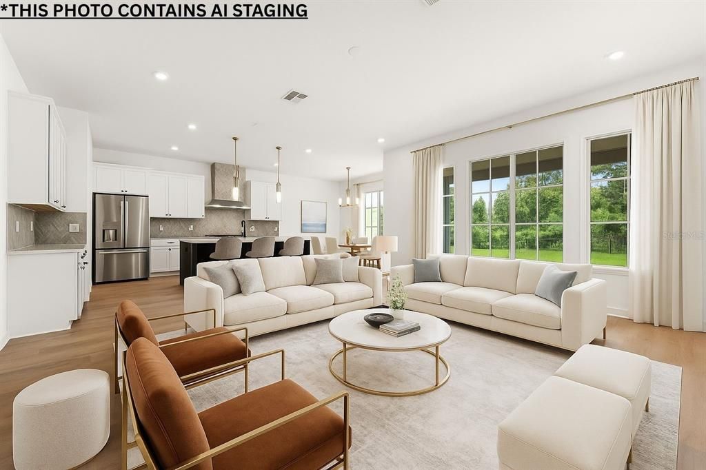 Dining room, Interior, Kitchen, Living room, Pendant Lights, Recessed Lighting, Stainless Steel Appliances, Wood Texture Flooring