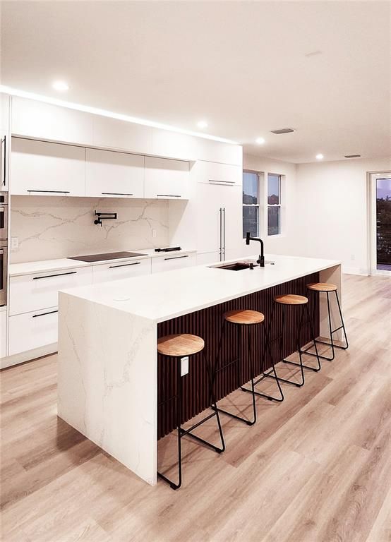 Interior, Kitchen, Marble Walls, Recessed Lighting, Wood Texture Flooring