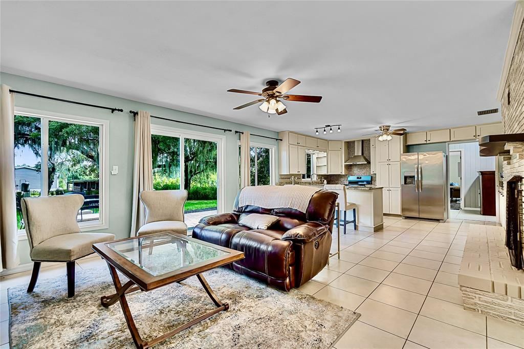 Fireplace, Interior, Kitchen, Living room, Stainless Steel Appliances