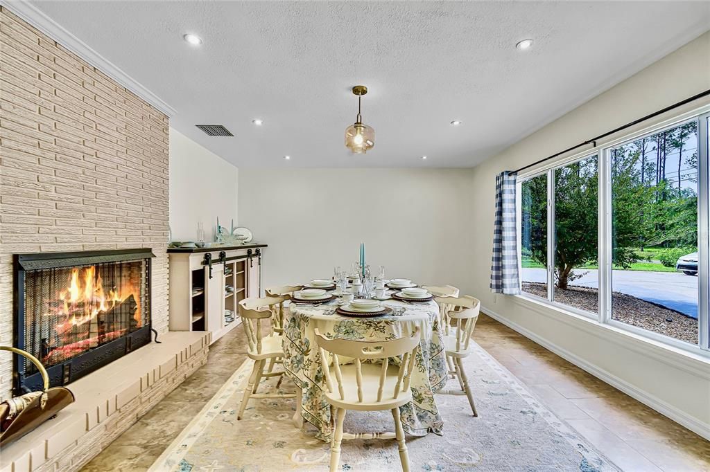 Dining room, Fireplace, Interior, Pendant Lights, Recessed Lighting, Stone Walls