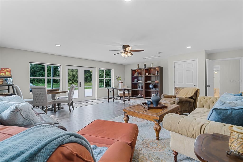 Dining room, Interior, Living room, Recessed Lighting, Wood Texture Flooring