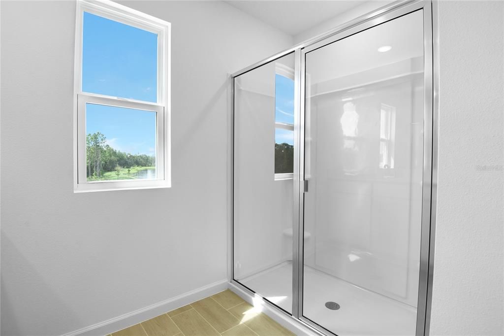 Bathroom, Glass Shower, Interior, Recessed Lighting, Wood Texture Flooring